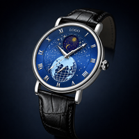 Nouvelle montre mécanique automatique pour homme, style affaires, en métal, étanche 30M, avec cadran bleu planétaire lumineux, ciel étoilé et aiguille des phases lunaires