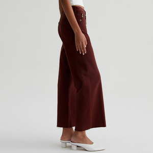 OEM/ODM <span class=keywords><strong>Jean</strong></span> court <span class=keywords><strong>bordeaux</strong></span> profond taille haute jambe large pour les femmes ourlets bruts de coton denim hyper doux taille extensible à double élastique - Product Image 4