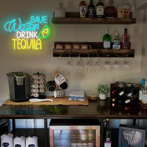Panneau néon LED « Économisez l'eau, buvez de la tequila » avec motif citron vert, alimenté par USB, en acrylique, pour décoration murale de bar, cocktail ou lounge - Product Image 4