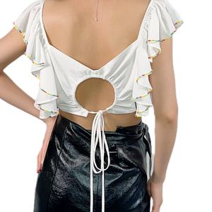 Nouveau Top Court Blanc Épaules Dénudées pour Femme, Sexy, Style Bustier, avec Perles et Imprimé Décontracté sur Coton et Lin pour l'Été - LA-RL1060A - Product Image 6