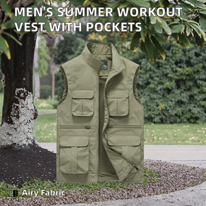 男性用軽量コーデュロイノースリーブサマーワークアウトベストジッパークロージャー屋外旅行フォトジャケットポケット通気性アウター - Product Image 2