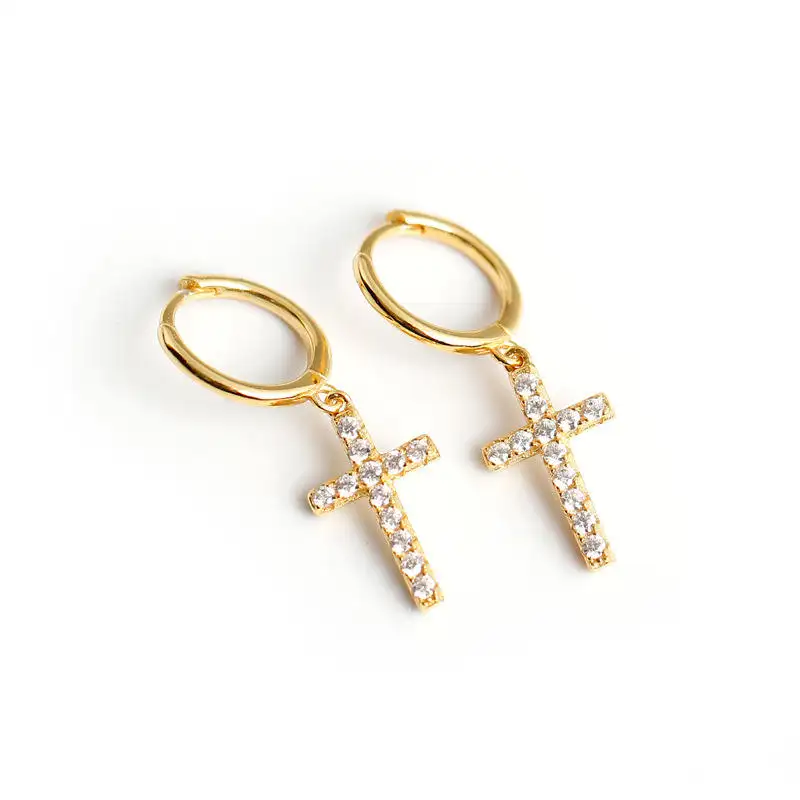 New Cross Diamond Earrings S925 Sterling Silver Gold Plated Cross Diamond Silver Cross Earing