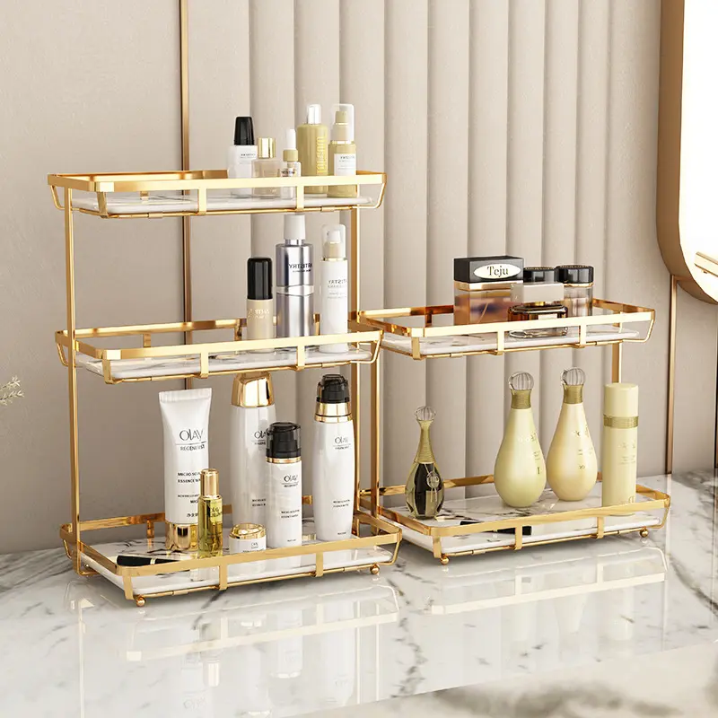2023 Hot Sale Popular Gold Luxury Stainless Steel Bathroom Storage Rack Cosmetic Storage Toiletry Table Storage Shelves