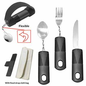 Ensemble d'assistance à la prise de repas pour personnes âgées, en acier inoxydable poli miroir, avec poignée en caoutchouc et plastique, anti-tremblement, pliable et adaptable, avec support courbé - Product Image 2