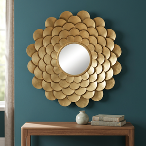 Round Brass Wall <b>Mirror</b> Decorative Framed Art <b>Gold</b> Finish Bohemian Style 10mm Thick - Product Image 1