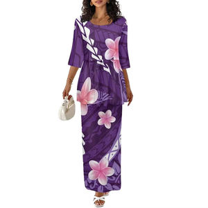 Robe longue d'été et d'automne à motif floral avec logo personnalisé, col rond, manches courtes, ensemble 2 pièces polynésien, taille haute élégante pour femme, décontractée - Product Image 1