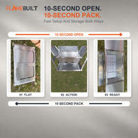 Table de camping pliante FLAMEBUILT IGT avec barbecue au charbon de bois, deux étagères latérales, poignée intégrée, acier inoxydable, bois, cuisine toutes saisons