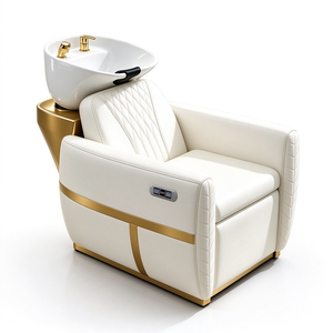 Ensemble de fauteuil de barbier et de fauteuil de lavage de luxe or et blanc, avec bac à shampoing en céramique et miroir de salon LED, mobilier de coiffure - Product Image 4