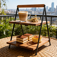 Plateau de service pliable à 2 niveaux en bois d'acacia et métal pour la présentation de desserts, pique-niques, goûters, fête des pères
