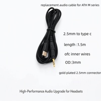 Kabel Pengganti 2.5mm ke Type-C dengan Konduktor Tembaga Bebas Oksigen dan Jaket Anyaman untuk Headset ATH-M40X/M50X/M60X/M70X