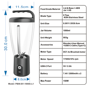 Licuadora de 1000 ml, USB Recargable, Inalámbrica, Portátil, Exprimidor Pequeño, Electrodomésticos para el Hogar, Mezcladora de Cocina, para Batidos y Malteadas al Aire Libre - Product Image 2