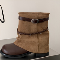 Bottes mi-mollet souples pour femmes, bout rond, semelle plate, boucle, sangle tressée, bottes de style western, 2 couleurs