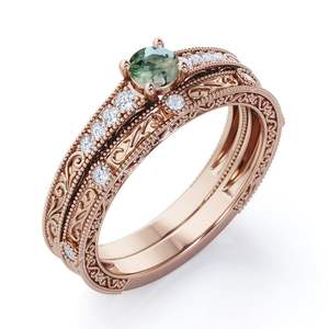 Anillo eduardiano Vintage grabado en plata de ley 925, anillo de bodas de ágata de musgo redonda de 0,6 quilates y moissanita para mujer - Product Image 2