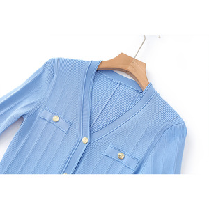 Abito Elegante da Donna Autunno-Inverno, Nuovo Modello con Scollo a V, Maniche Lunghe, <span class=keywords><strong>Blu</strong></span> e Nero, con Volant, Slim Fit in <span class=keywords><strong>Maglia</strong></span> - Product Image 3