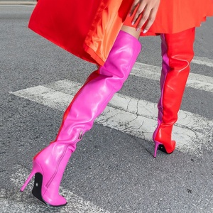 Red Patchwork Big Wide Fit Size 47 Long Shoes Women's Pointed Toe Thigh High Boots Over the Knee <b>Booties</b> Customized Colors - Product Image 2