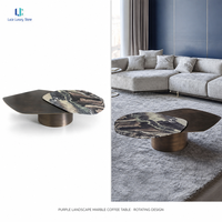 Table basse en marbre Luca Purple Landscape |   Plateaux superposés organiques à deux niveaux, base en bronze antique, luxe moderne, taille sur mesure