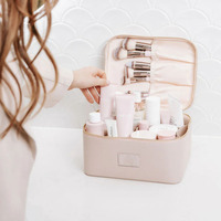 Sacs de voyage populaires en cuir PU pour maquillage et cosmétiques, couleurs girly, avec poignée, double fermeture éclair, porte-pinceaux et insert pour soins de la peau