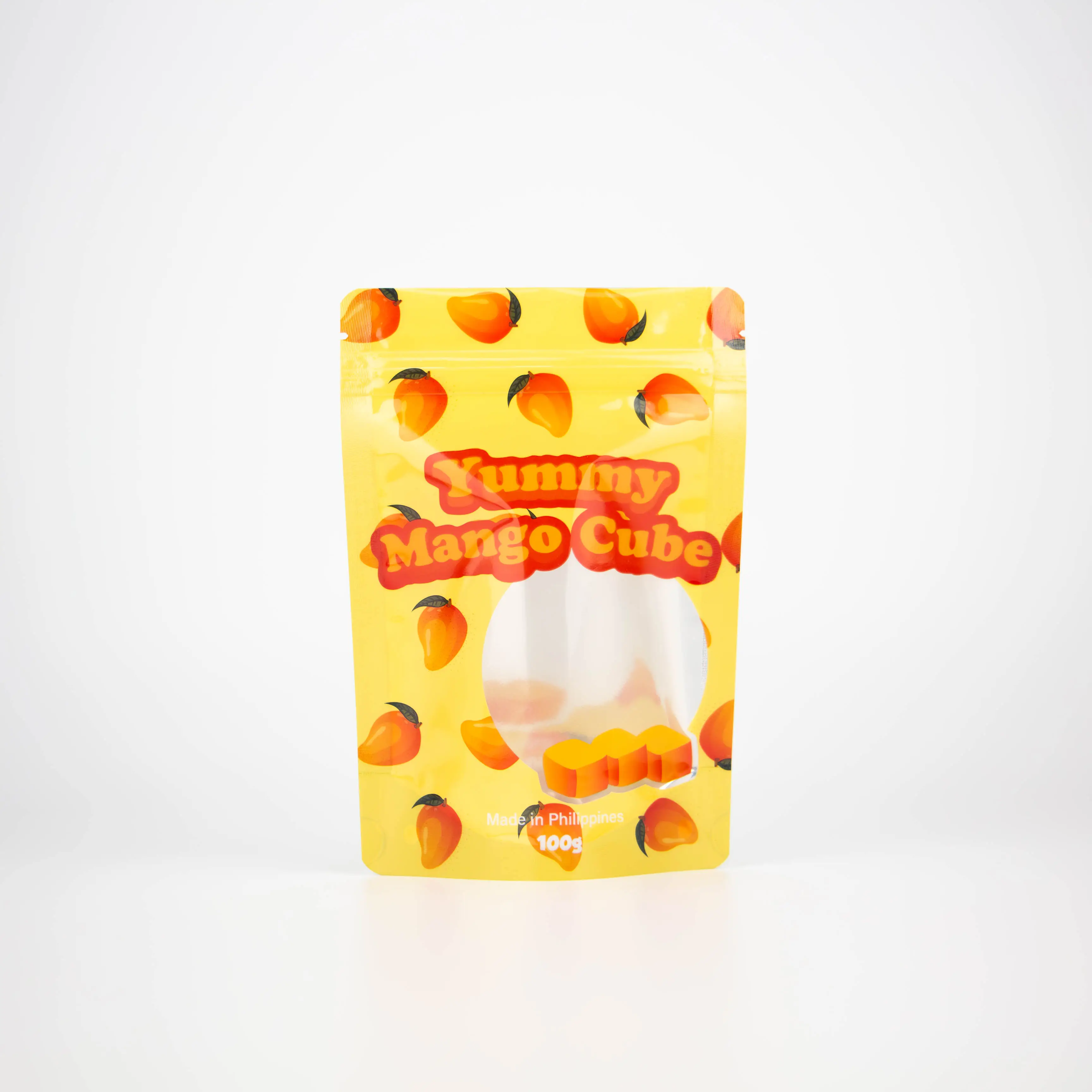 Bolsa de embalagem para doces e frutas com 100g de cubos de manga com impressão personalizada com janela e fecho com zíper