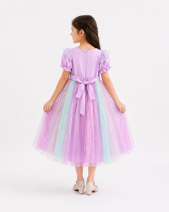 Girls <b>Purple</b> Pastel Tulle Dress With Puff Sleeves Doll Collar A-Line Knee-Length Sweet Style Spring Chiffon Dress - Product Image 3