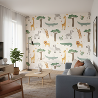 Papier peint pour enfants en polyester moderne personnalisé auto-adhésif, motif d'animaux mignons en dessin animé, imperméable, à coller et à décoller, décoration murale pour chambre à coucher