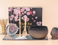 Ensemble de thé matcha traditionnel, 8 pièces, bol à matcha en céramique à texture mouchetée avec fleur de cerisier 3D avec bec verseur