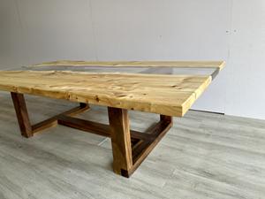 Table en bois massif à bord vif, fabriquée à la main, de couleur naturelle, meubles modernes, sur mesure, avec verre transparent, OEM accepté - Product Image 5