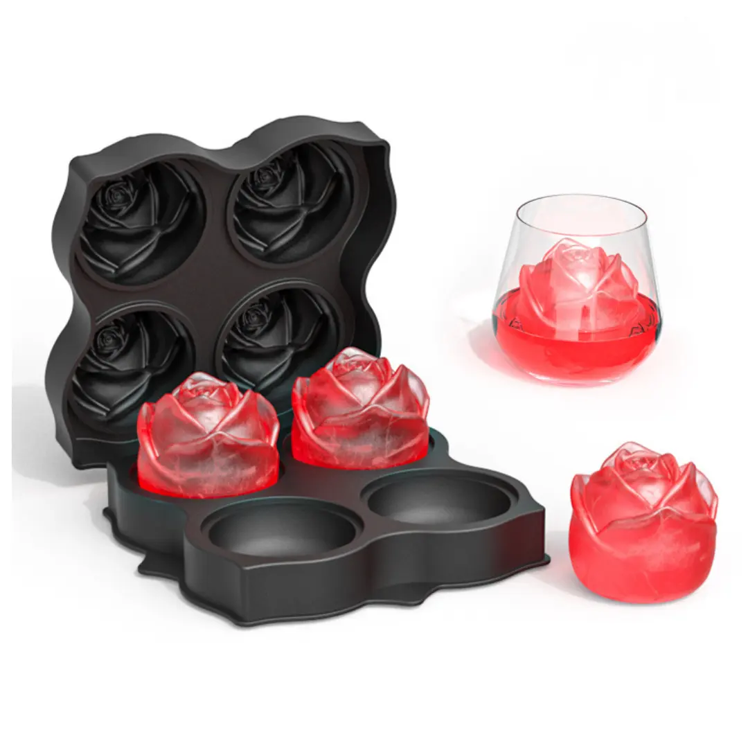 Kitchen Rose Ice Cube Mold Silicone Cocktail Rose Ice Cube Mold Whiskey Ice Ball Maker 4 Grid Silicone Molds Maker For Party