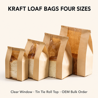 Sac à pain en papier kraft imprimé sur mesure avec fenêtre, recyclable, brun/blanc, emballage de boulangerie pour boulangerie artisanale, baguette, pain de mie, pain de mie à la levure.