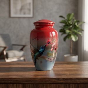Hummingbird Urn Red Digital Print Round <b>Art</b> <b>Deco</b> Design Sympathy Decorative Aluminium Eco-Friendly <b>Vase</b> - Product Image 2