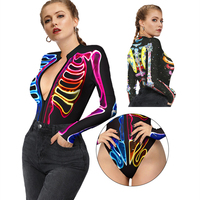 Cadılar bayramı 3d iskelet baskılı fermuarlı üçgen tulum karnaval Cosplay uzun kollu kemik Bodysuit tek parça tulum