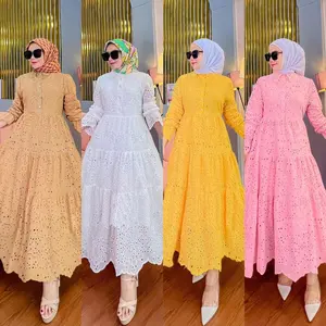 Hot Selling Embroidered Cotton Hollow Lace Maxi Dress Abaya Modest Style Long Sleeve Dress Muslim Abaya