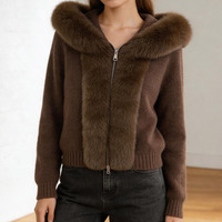 Manteau en tricot chaud d'hiver Jancoco à manches longues, élégant, avec capuche en fourrure de renard véritable, cardigan court en tricot pour femmes