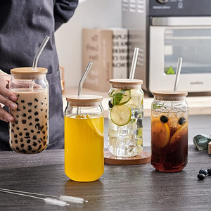 Bubble Tea <span class=keywords><strong>bicchiere</strong></span> tazza da bere succo <span class=keywords><strong>caffè</strong></span> <span class=keywords><strong>freddo</strong></span> Boba tazze sublimazione birra può vetro a forma di lattina con coperchio in bambù e cannuccia - Product Image 2