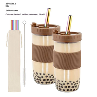 Lot de 2 mugs à café en verre de 24 oz, style bocal Mason à large ouverture pour smoothies, réutilisables, design moderne, avec couvercles et pailles