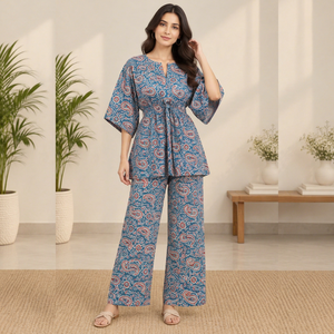 Blue Ajrakh Printed Floral <b>Kaftan</b> Co-Ord Set Wide-Leg Palazzo Pants Natural Waist Ethnic Casual Wear for <b>Summer</b> Resort Everyday - Product Image 1