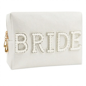 Custom Vintage PU Leather Zipper Bridal Wedding <b>Gift</b> Eco-Friendly Portable Cosmetic <b>Bag</b> Pearl Letter Design for <b>Bridesmaid</b> - Product Image 1