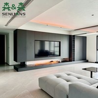 Meuble mural multimédia de luxe en graphite avec foyer électrique linéaire, rangement dissimulé et bande LED au plafond pour villa moderne