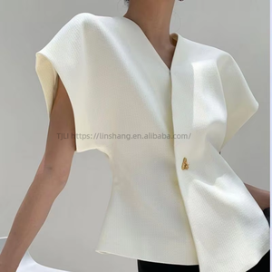 Chaleco de un botón asimétrico con hombros caídos y cintura entallada para mujer, blusa de moda - Product Image 2