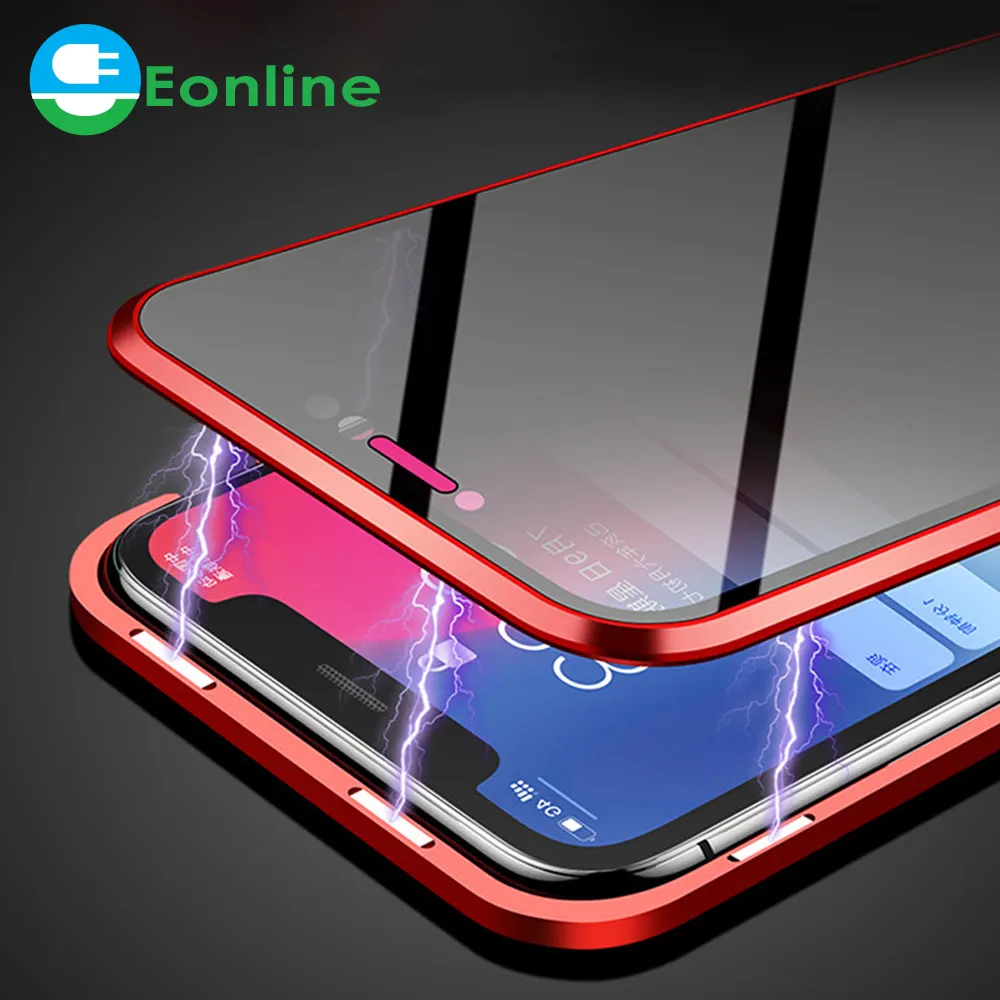 Eonline casing kaca tempered dua sisi, casing magnetis logam anti-intip untuk iPhone 15 Plus pada iPhone X XR XS max