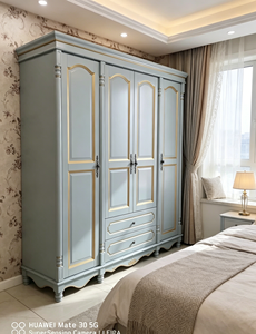 Armario de Madera Maciza Premium Gold Line, Armario de 4 Puertas con Panel Curvo y 2 Cajones de Almacenamiento para Dormitorio Principal Estilo Rústico - Product Image 2