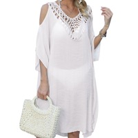 Grande robe de plage dos nu, chemisier sans bretelles, dentelle crochetée à la main, sexy, décolleté en V profond, respirante, en polyester/coton