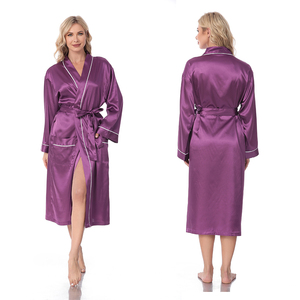 Ladies Long Luxury Robes Solid Wholesale Kimono Satin Silk Robe with Piping <strong>Women</strong> Bathrobe Elegant Casual <strong>Sleep</strong> Wear <strong>Lounge</strong> - Product Image 5