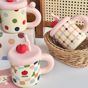 Creative pink Milk Coffee Cup Cute apple Mug Ceramic Water Mug with Straw - Product Image 5