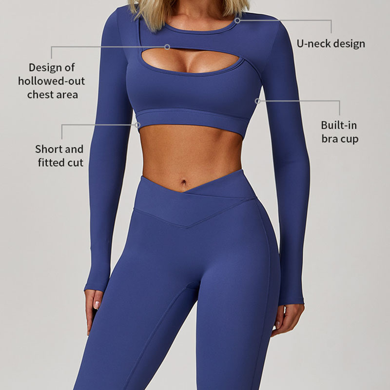 Custom logo Stylish Front Hollow Women's Yoga Tops Long Short Sleeve Padded Shockproof Yoga Pilates T-shirt Ladies Crop Top