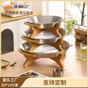GY Stainless Steel Round Dinner Plate With <b>Bamboo</b> Stand Solid Color Fruit Platter ASTM Standard Superior Quality - Product Image 2