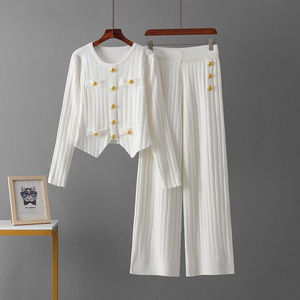 Nouveautés : Ensemble pull en viscose tricoté à col rond et manches longues, cardigan boutonné et pantalon large pour le printemps - Product Image 4