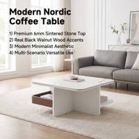 Table basse nordique à bords biseautés avec rangement intégré, finition noyer foncé, écologique et durable, mobilier de salon nordique