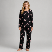 Ensemble de pyjama pour femmes en polyester à imprimé papillon, manches longues et pantalon, 2 pièces, vêtements de nuit, vêtements de détente, sur mesure OEM ODM