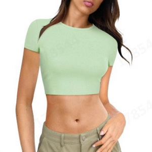 Camiseta Corta Estilo Europeo-Americano para Mujer, Top de Verano, Blusa de Manga Corta con Cuello Redondo, Ajustada y Linda, de Seda Láctea - Product Image 4