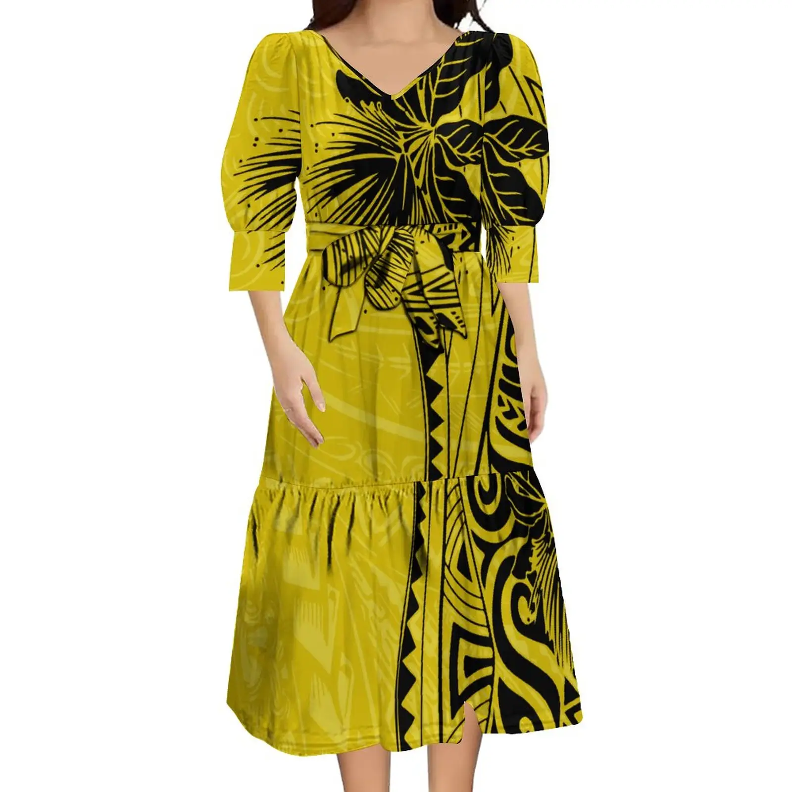 Hot Selling Custom Yellow Polynesian Tribal Samoan Dresses Women Lady Elegant Puff Short Sleeve Tiered Long Dress With Belts